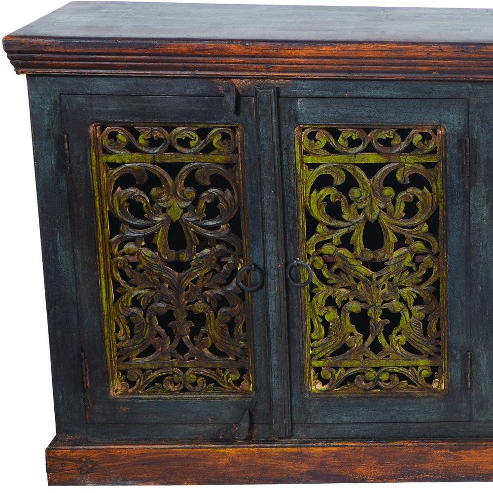 91" Brown Gray and Green Solid Wood Buffet Table with Two Doors close-up detail