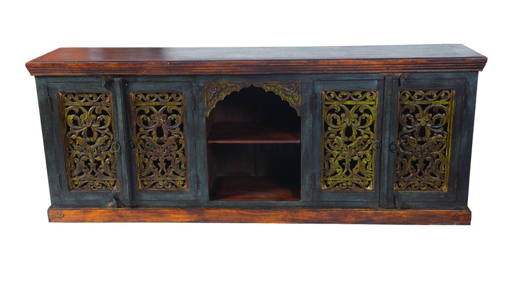 91" Brown Gray and Green Solid Wood Buffet Table with Two Doors on a white background
