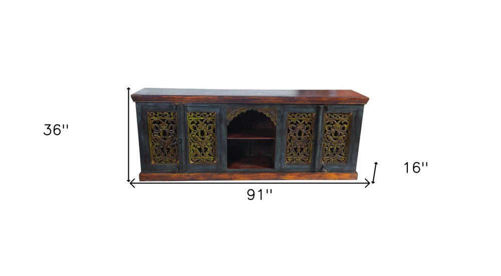 91" Brown Gray and Green Solid Wood Buffet Table with Two Doors