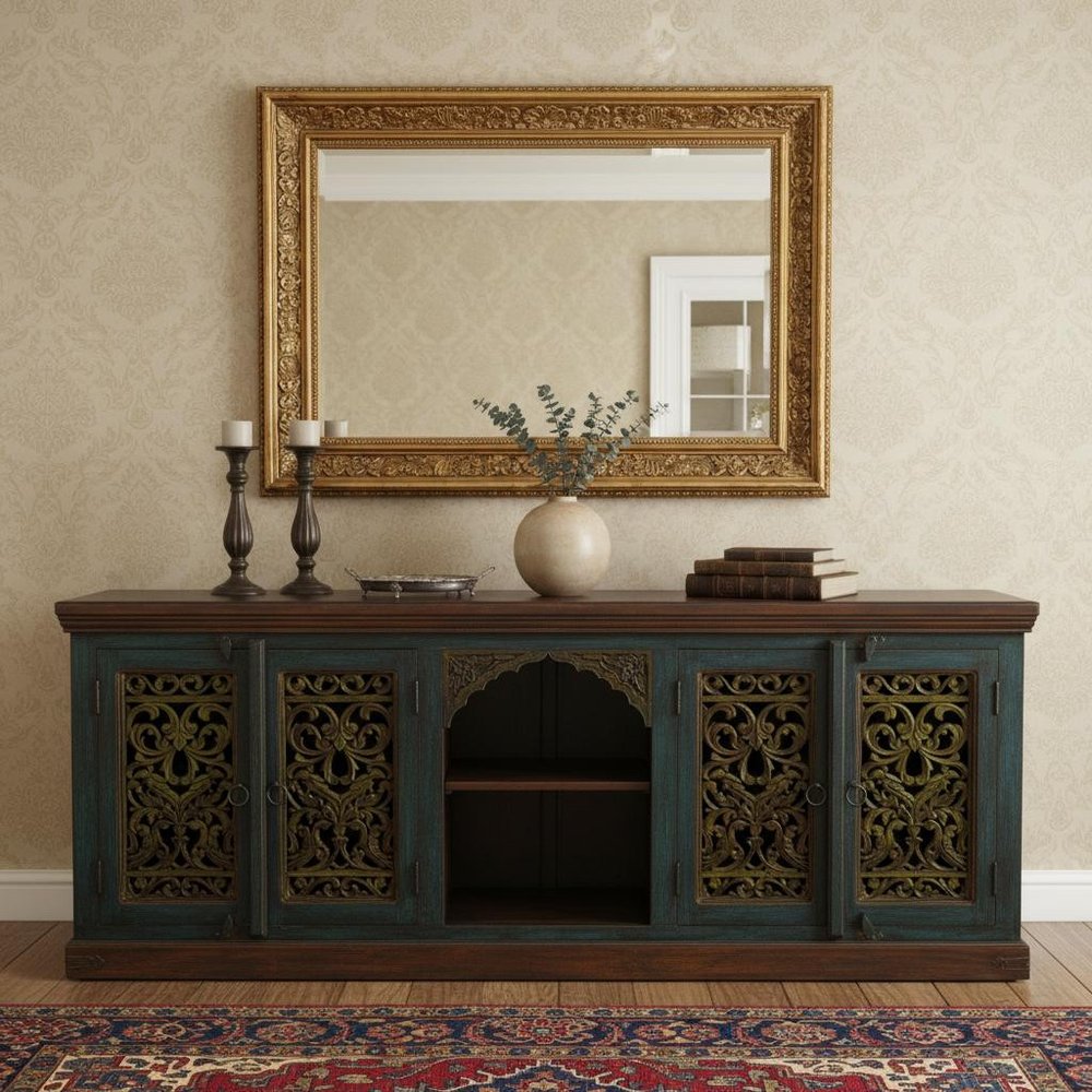 91" Brown Gray and Green Solid Wood Buffet Table with Two Doors in a home interior