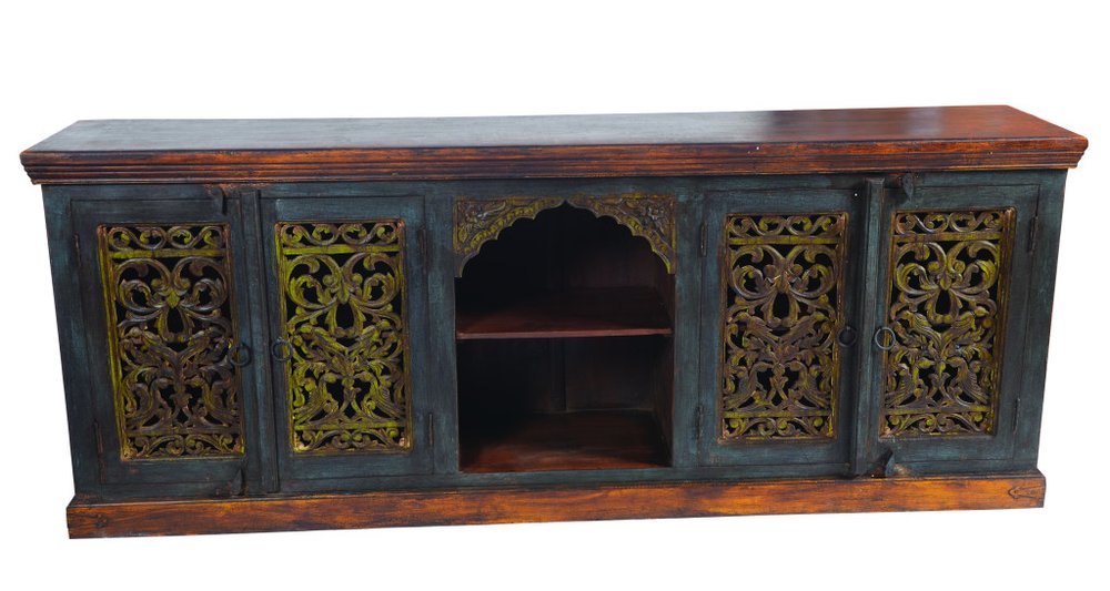 91" Brown Gray and Green Solid Wood Buffet Table with Two Doors on a white background