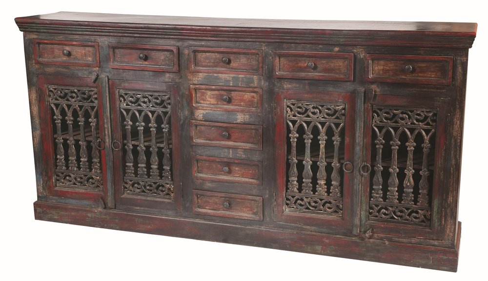 90" Brown Solid Wood Nine Drawer Buffet Table with Four Doors on a white background