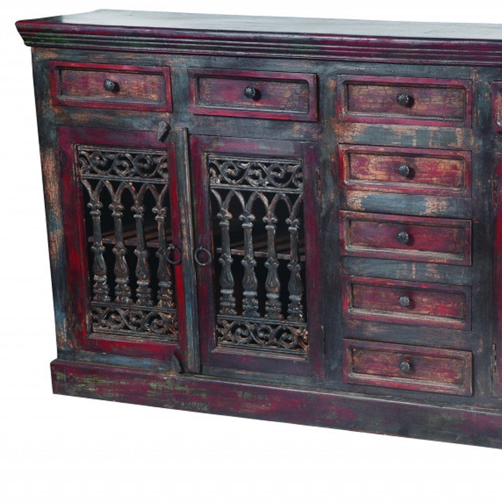90" Brown Solid Wood Nine Drawer Buffet Table with Four Doors on a white background