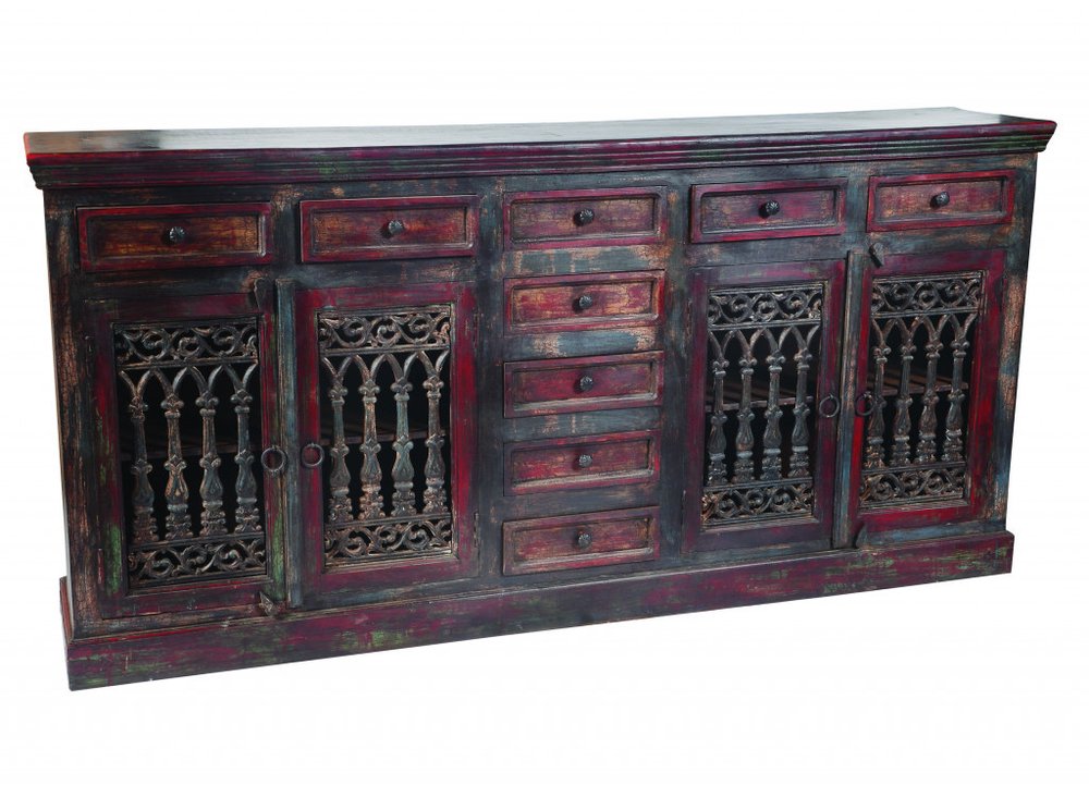 90" Brown Solid Wood Nine Drawer Buffet Table with Four Doors on a white background