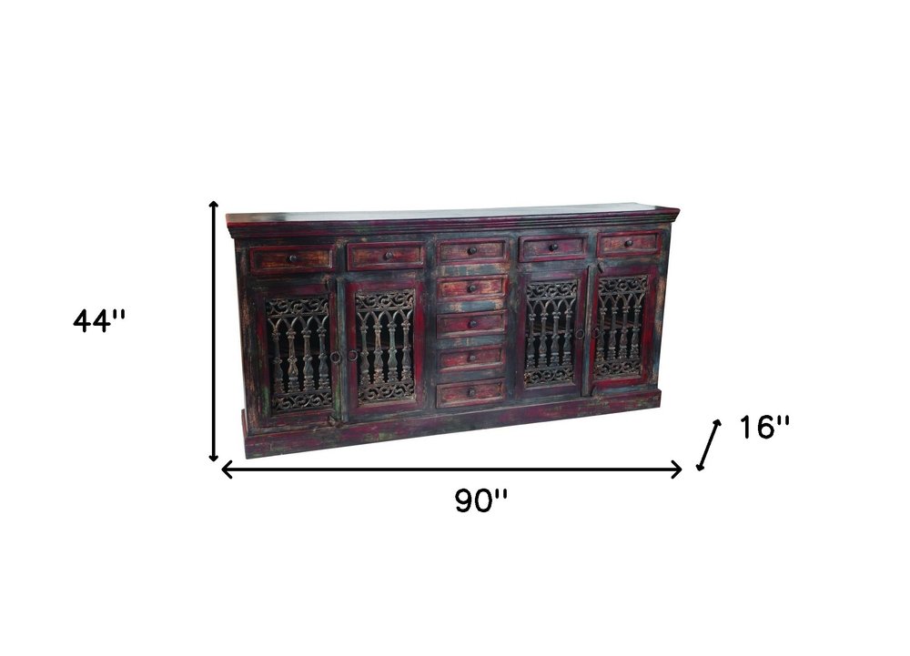 90" Brown Solid Wood Nine Drawer Buffet Table with Four Doors on a white background