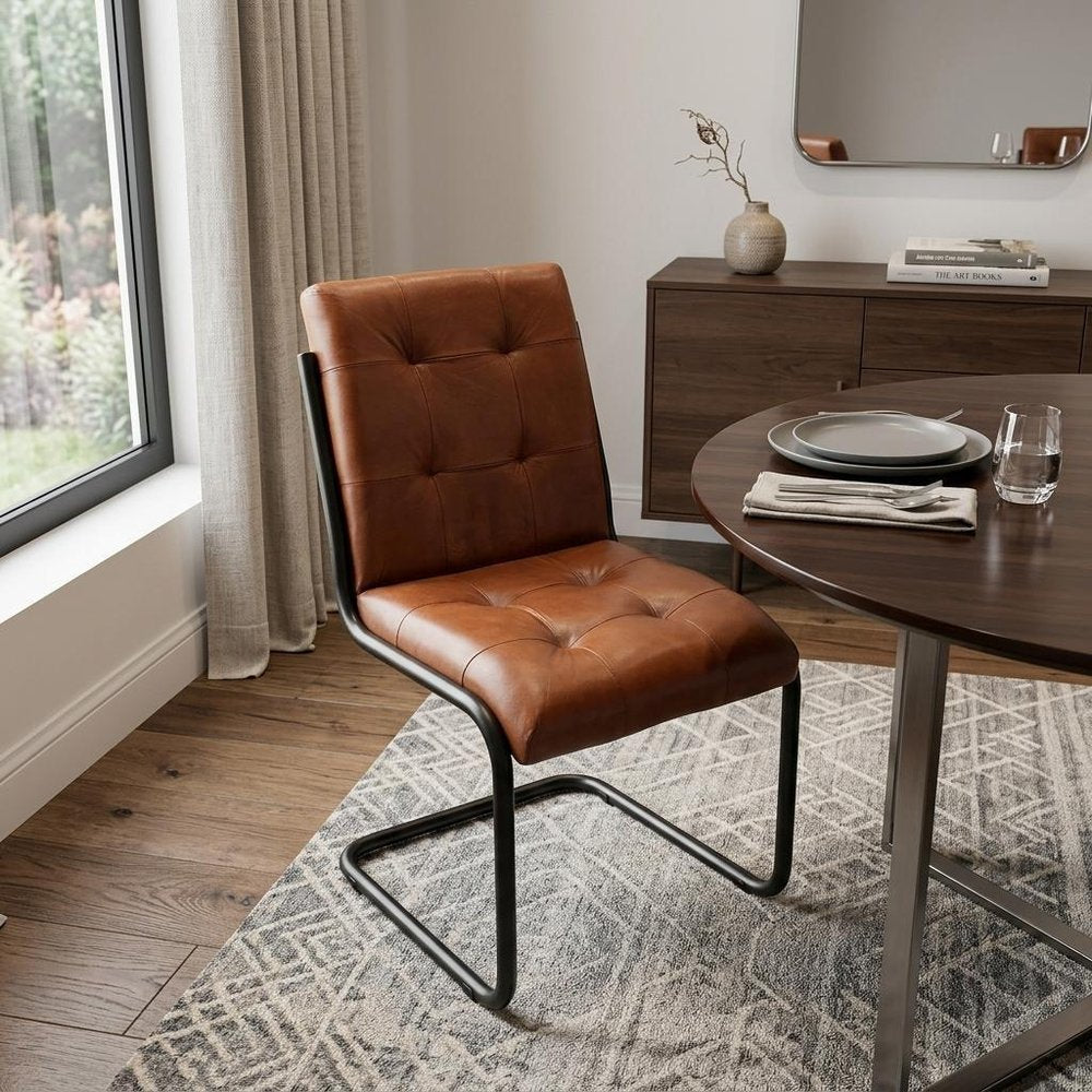 Tufted Cinnamon and Black Upholstered Leather Dining Side Chair