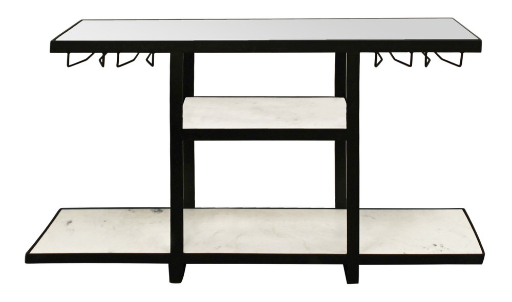 58" White and Black Genuine Marble Floor Shelf Console Table Two Shelves. Console table isolated on a plain white background, finished in black marble.