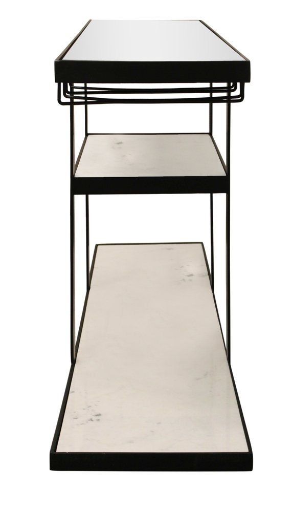 58" White and Black Genuine Marble Floor Shelf Console Table Two Shelves. Console table isolated on a plain white background, in a black marble finish.