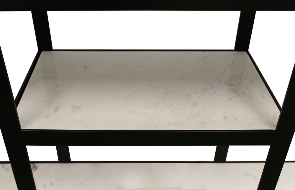 58" White and Black Genuine Marble Floor Shelf Console Table Two Shelves. Console table isolated on a plain white background, finished in black marble.