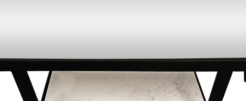 58" White and Black Genuine Marble Floor Shelf Console Table Two Shelves. Console table isolated on a plain white background, in a black marble finish.