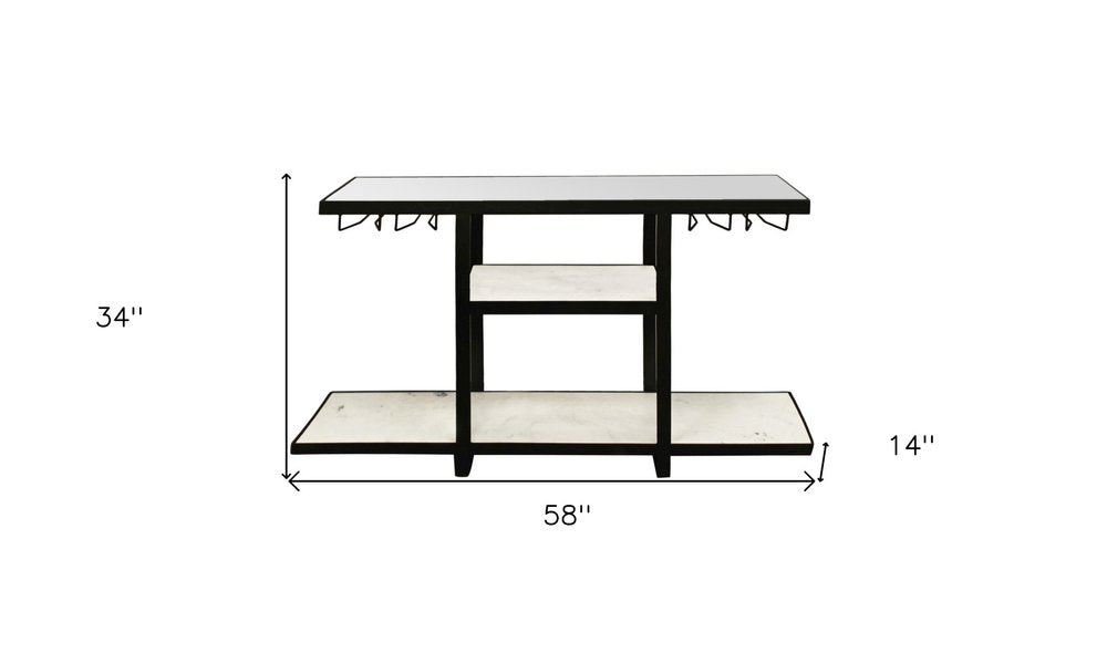 58" White and Black Genuine Marble Floor Shelf Console Table Two Shelves. Console table isolated on a plain white background, showing a black marble surface.