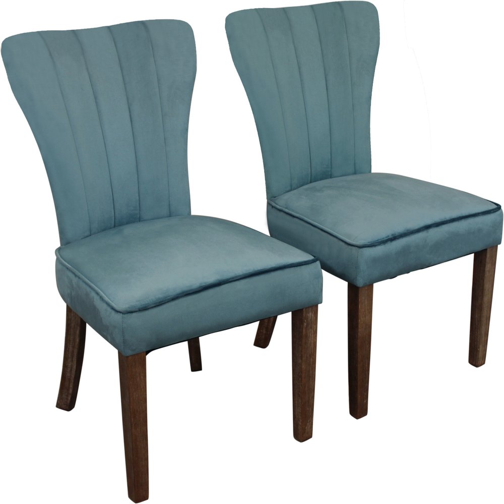 Set of Two Teal Blue and Brown Upholstered Velvet Dining Parsons Chairs on a white background