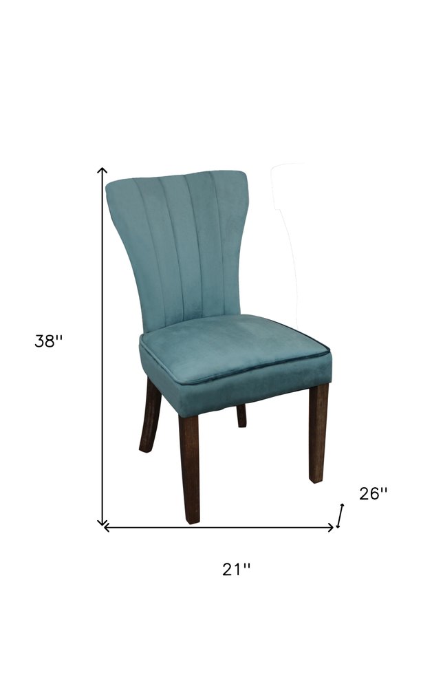 Set of Two Teal Blue and Brown Upholstered Velvet Dining Parsons Chairs on a white background