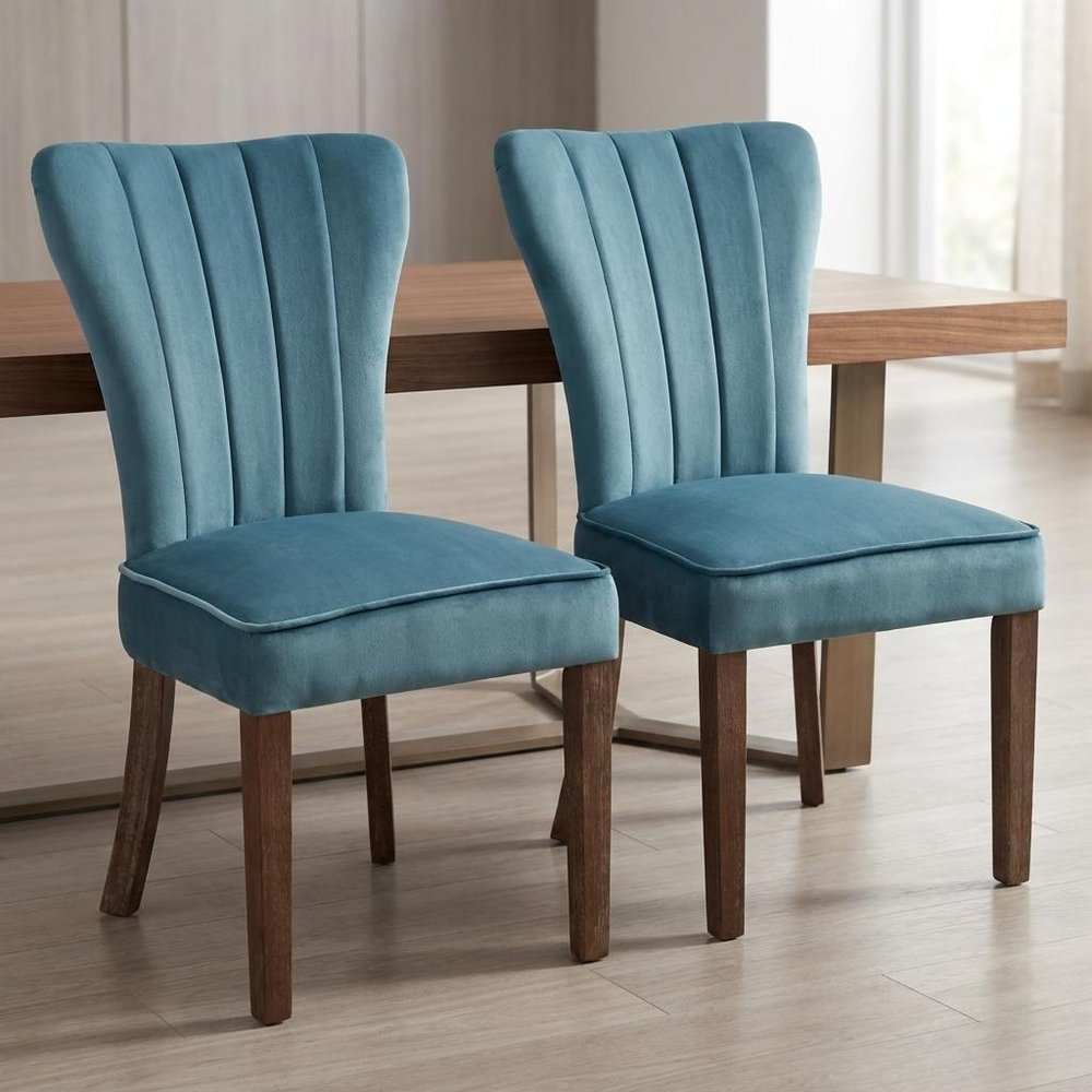 Set of Two Teal Blue and Brown Upholstered Velvet Dining Parsons Chairs