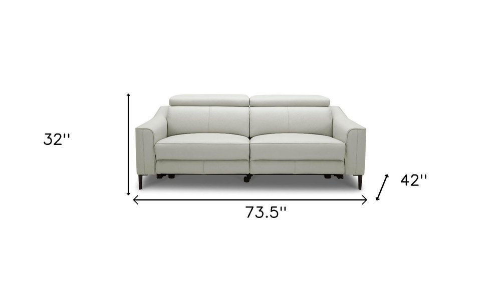 74" Gray Leather Reclining Sofa With Black Legs on a white background