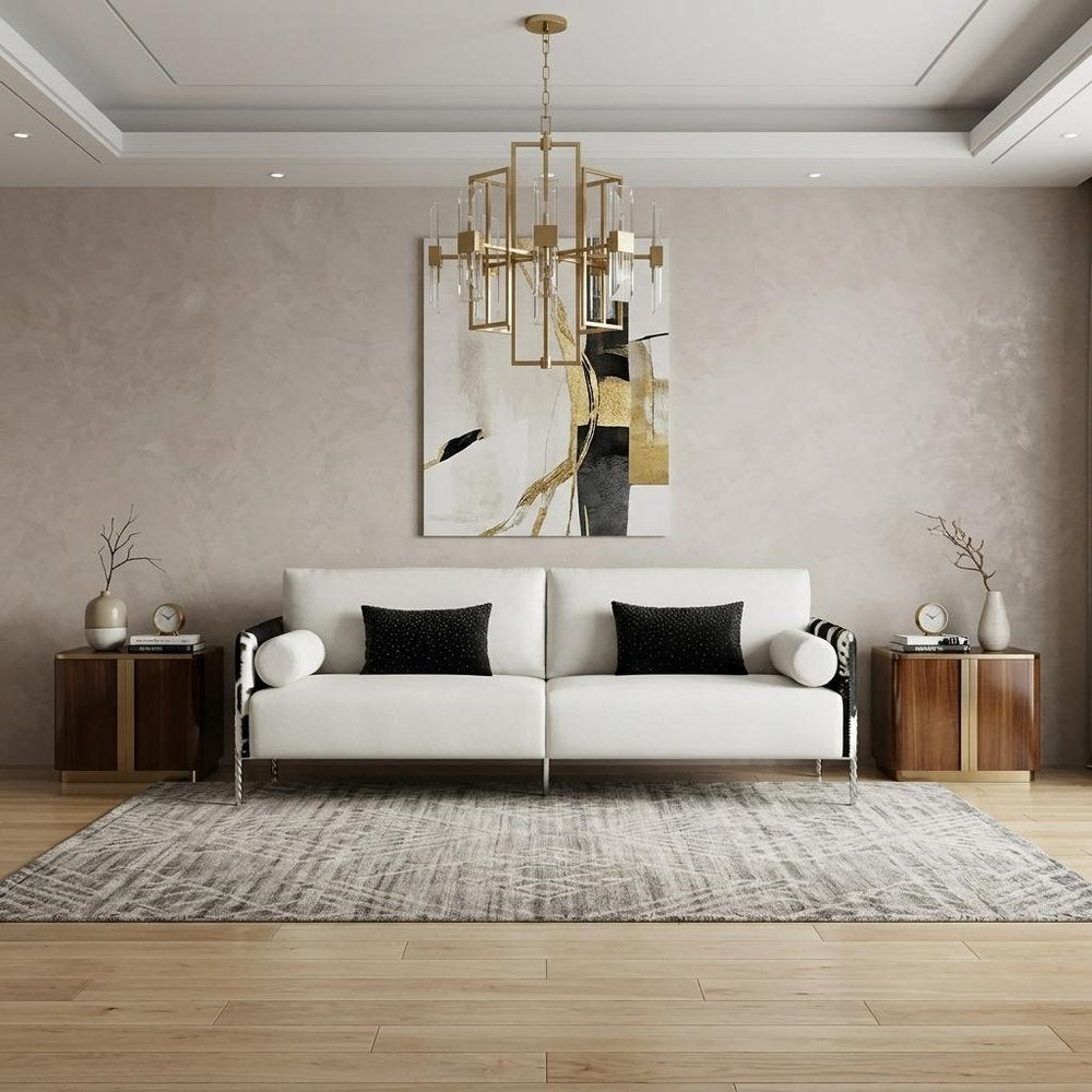 89" White Sofa And Toss Pillows With Silver Legs