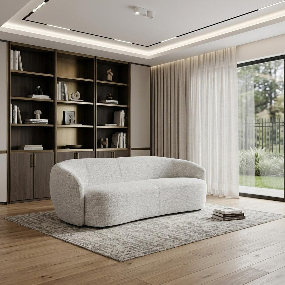 90" Off White Fabric Sofa With Black Legs in a home interior