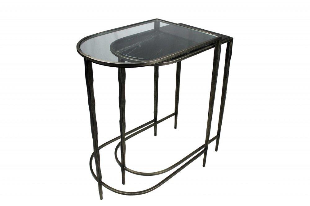 Set of Two 25" Black And Clear Glass And Genuine Marble Half Circle Three Leg Console Table on a white background
