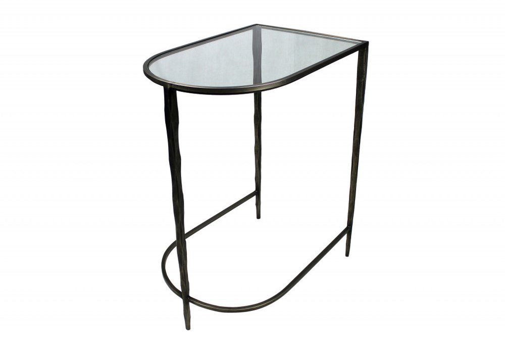 Set of Two 25" Black And Clear Glass And Genuine Marble Half Circle Three Leg Console Table on a white background