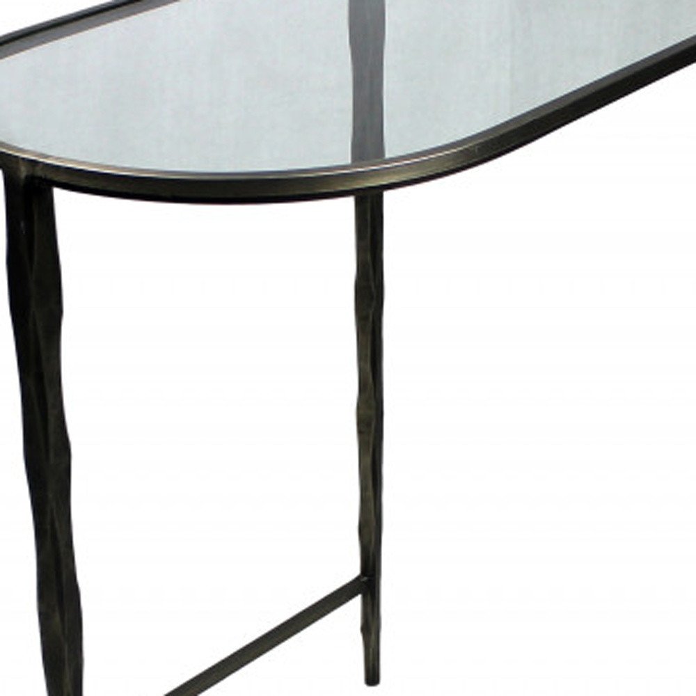 Set of Two 25" Black And Clear Glass And Genuine Marble Half Circle Three Leg Console Table on a white background