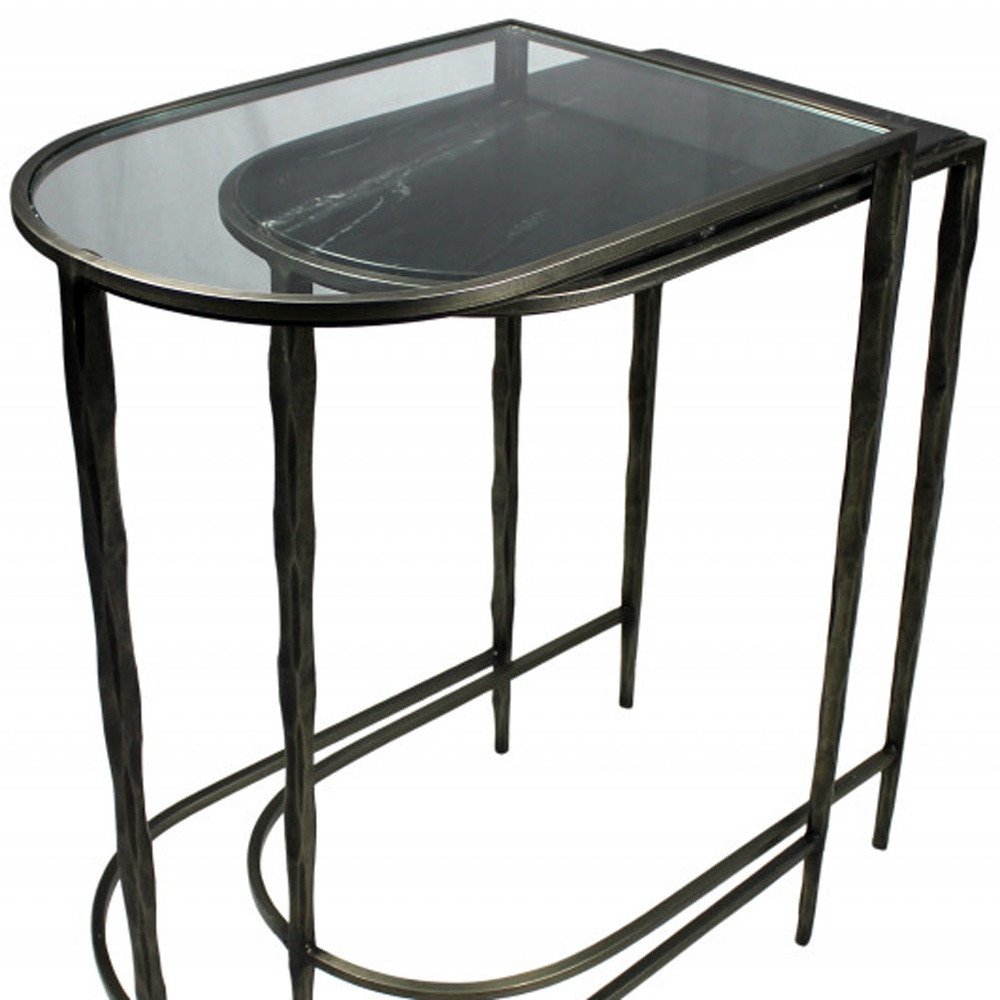 Set of Two 25" Black And Clear Glass And Genuine Marble Half Circle Three Leg Console Table on a white background