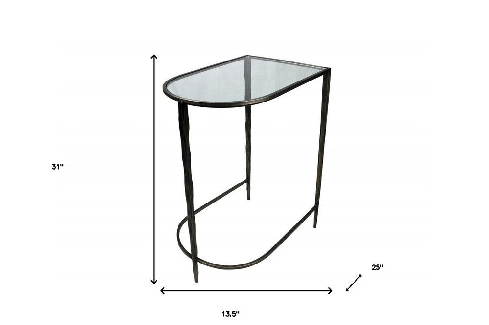 Set of Two 25" Black And Clear Glass And Genuine Marble Half Circle Three Leg Console Table on a white background
