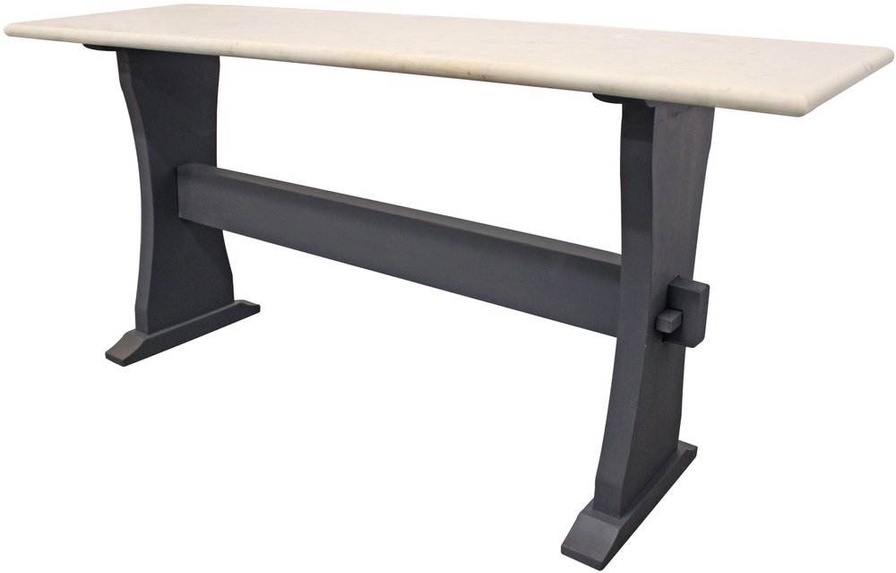 70" Ivory and Black Genuine Marble and Solid Wood Trestle Console Table on a white background
