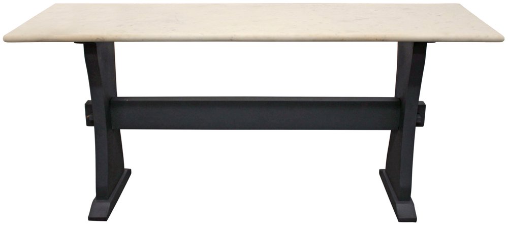 70" Ivory and Black Genuine Marble and Solid Wood Trestle Console Table on a white background