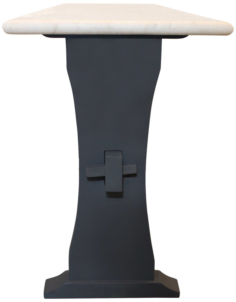 70" Ivory and Black Genuine Marble and Solid Wood Trestle Console Table on a white background