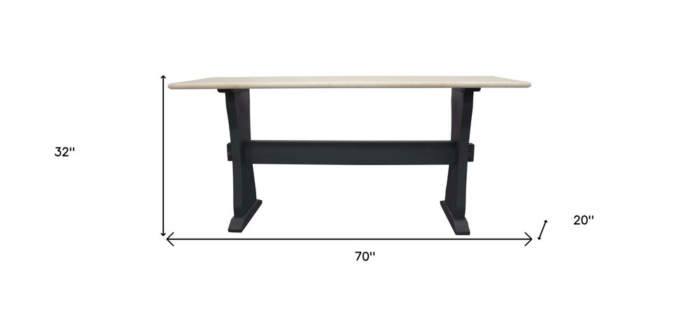 70" Ivory and Black Genuine Marble and Solid Wood Trestle Console Table on a white background