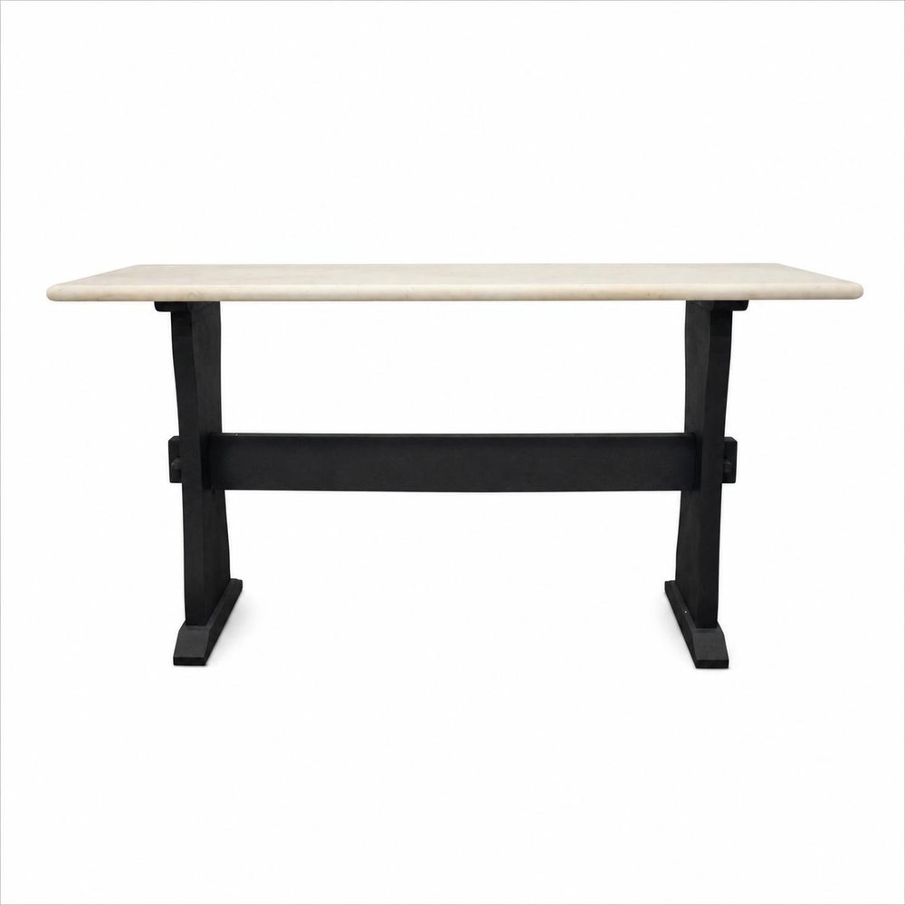 70" Ivory and Black Genuine Marble and Solid Wood Trestle Console Table on a white background
