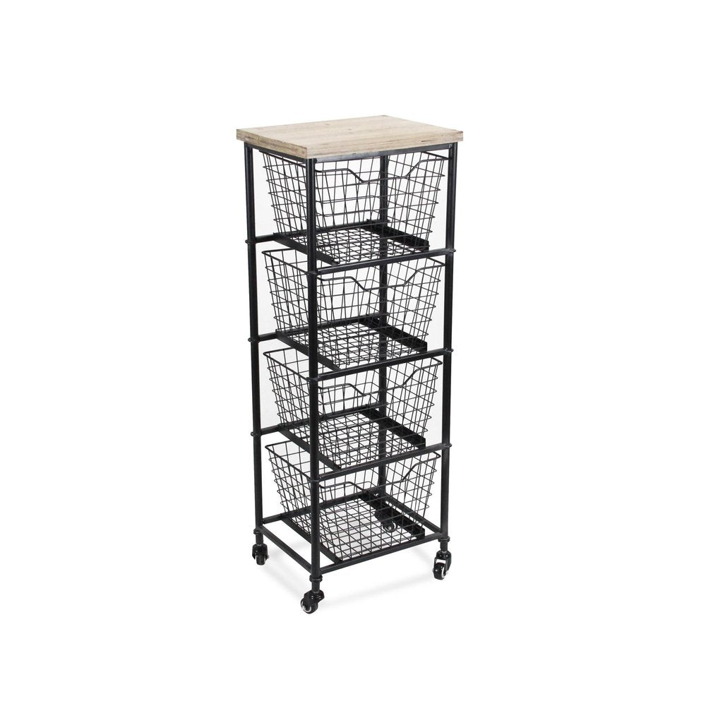 41" Black And Natural Metal And Wood Basket Storage Rolling Cabinet