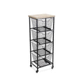 41" Black And Natural Metal And Wood Basket Storage Rolling Cabinet
