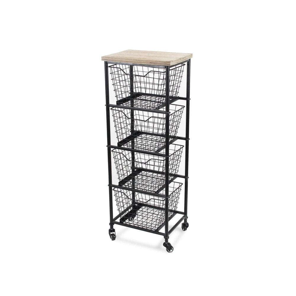 41" Black And Natural Metal And Wood Basket Storage Rolling Cabinet