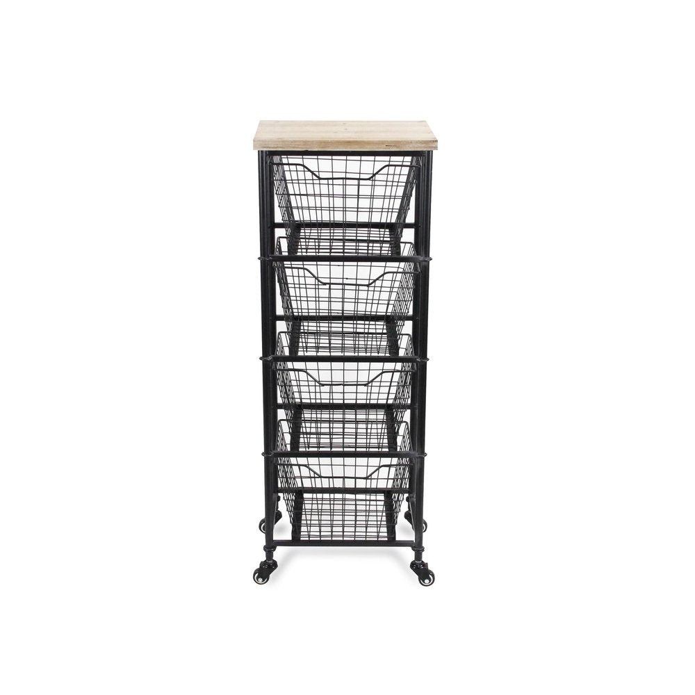 41" Black And Natural Metal And Wood Basket Storage Rolling Cabinet