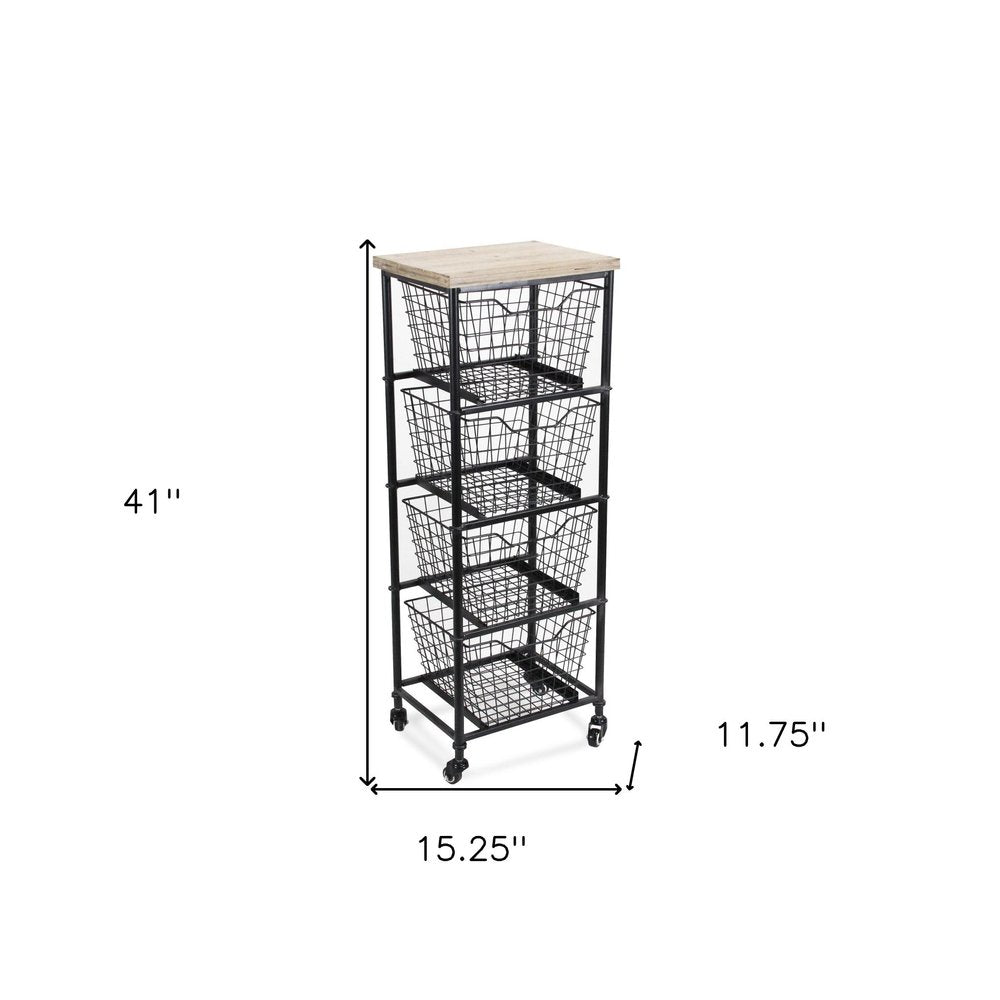 41" Black And Natural Metal And Wood Basket Storage Rolling Cabinet