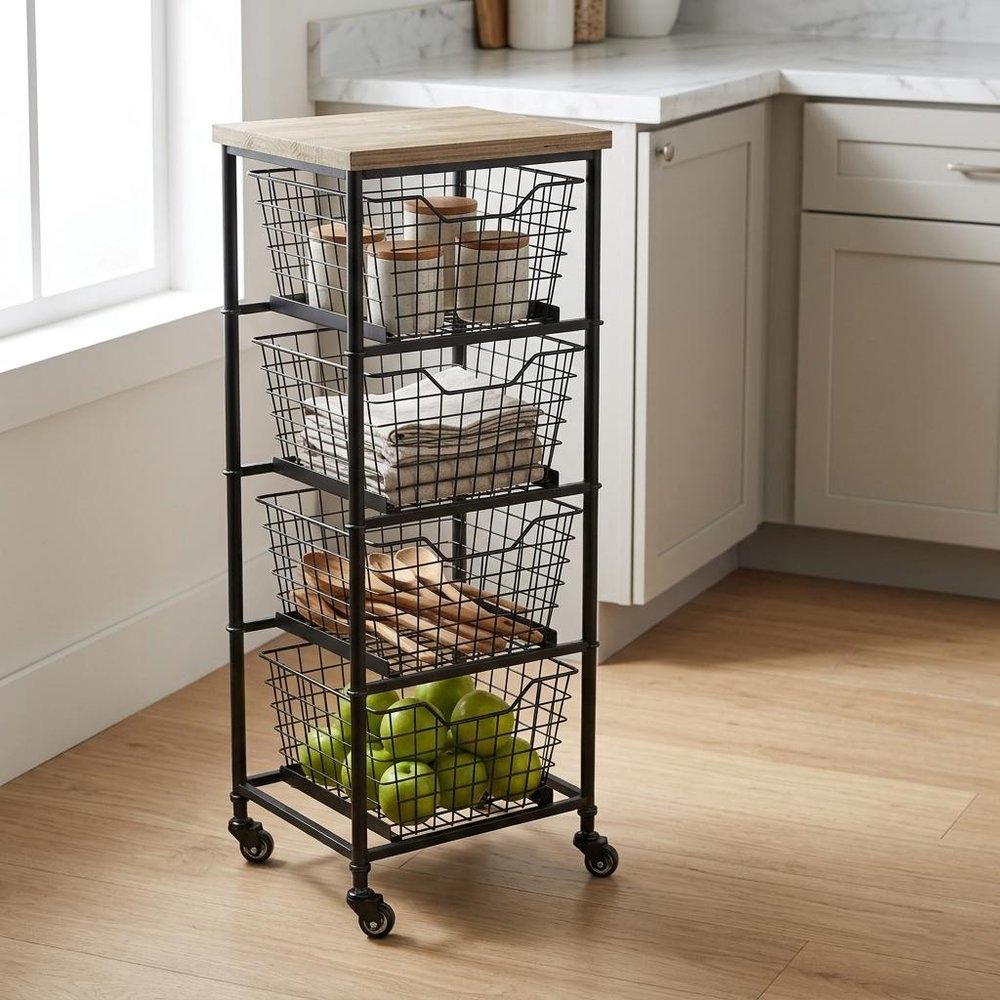 41" Black And Natural Metal And Wood Basket Storage Rolling Cabinet