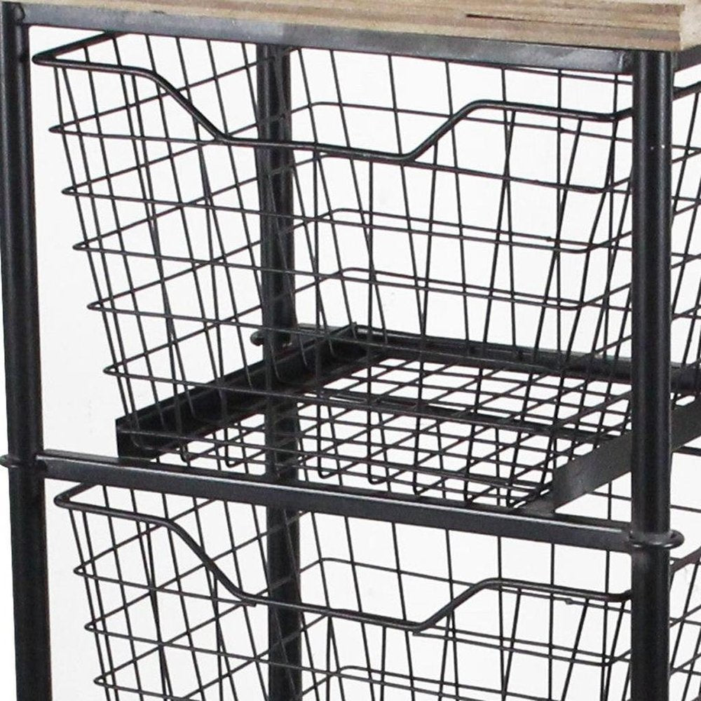 41" Black And Natural Metal And Wood Basket Storage Rolling Cabinet
