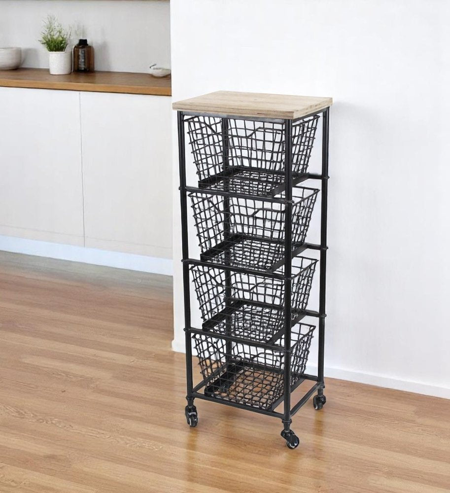 41" Black And Natural Metal And Wood Basket Storage Rolling Cabinet. Cabinet in tan metal.