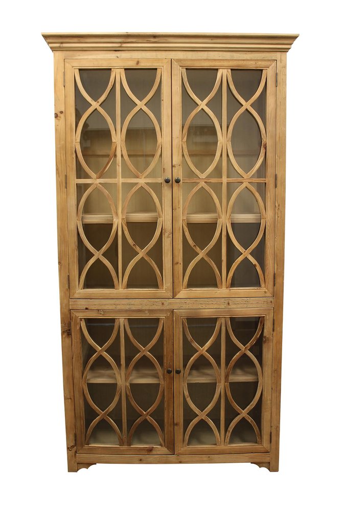 47" Natural Solid Wood Carved Geometric Accent Cabinet With Four Doors