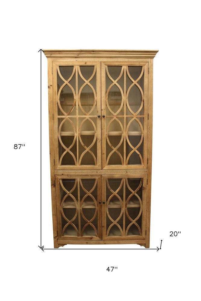 47" Natural Solid Wood Carved Geometric Accent Cabinet With Four Doors