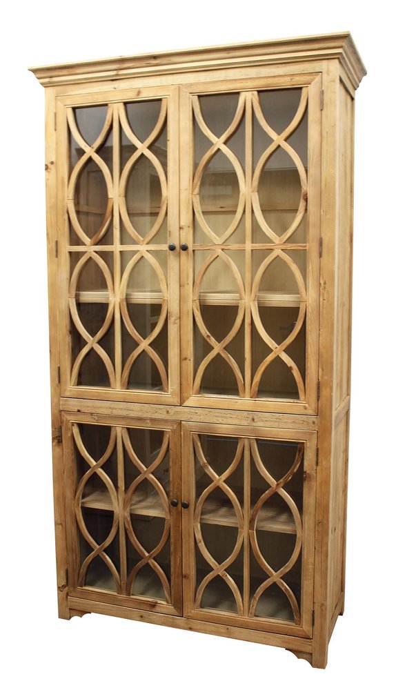 47" Natural Solid Wood Carved Geometric Accent Cabinet With Four Doors