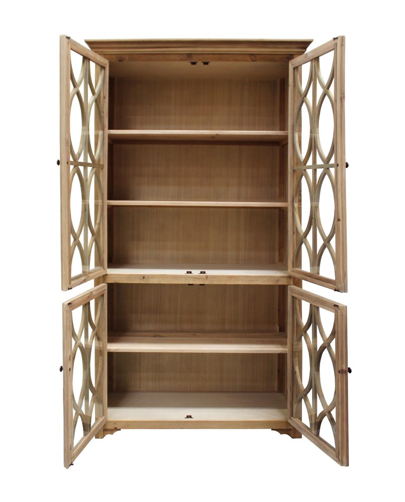 47" Natural Solid Wood Carved Geometric Accent Cabinet With Four Doors