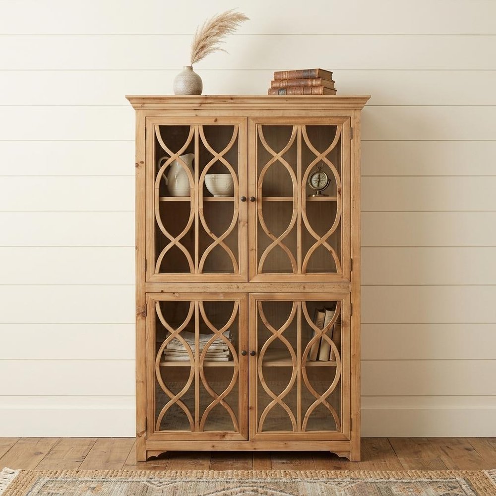 47" Natural Solid Wood Carved Geometric Accent Cabinet With Four Doors