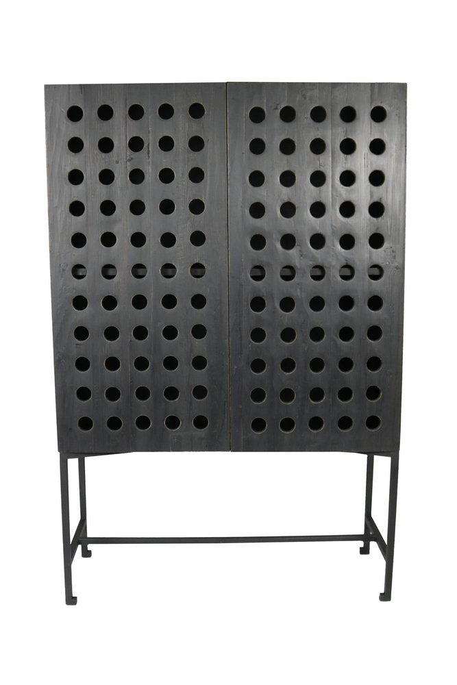 48" Dark Gray Solid Wood and Metal Holey Two Door Accent Chest. Cabinet isolated on a plain white background, in a charcoal wood finish.
