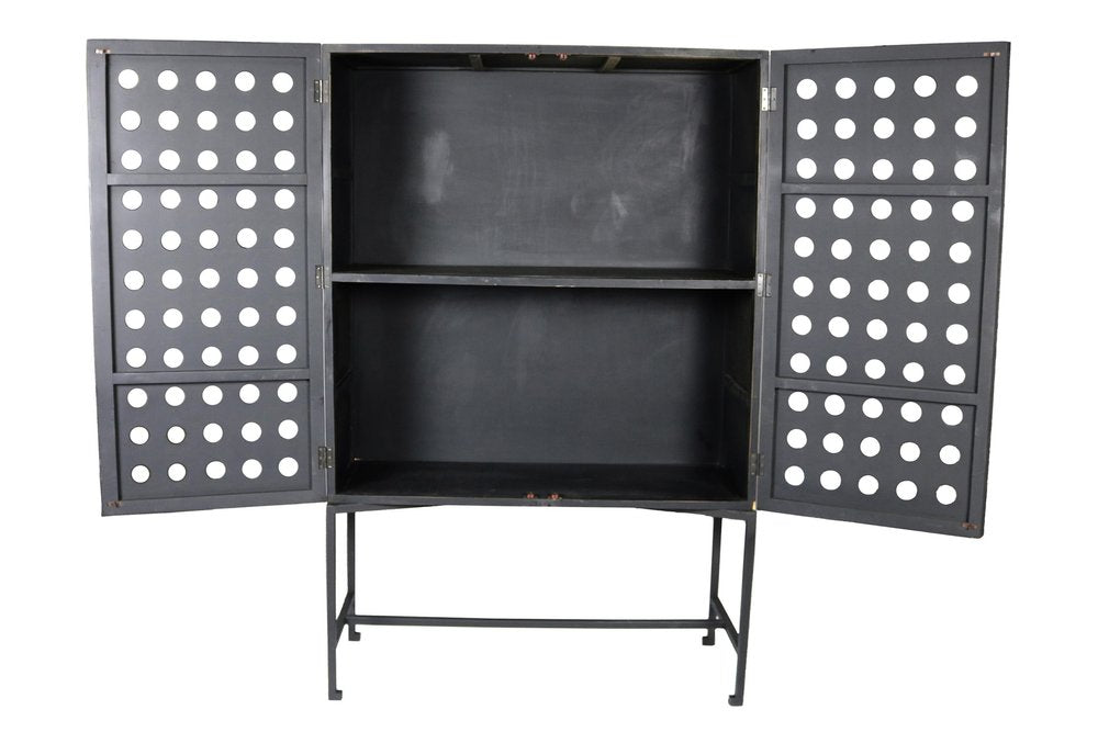 48" Dark Gray Solid Wood and Metal Holey Two Door Accent Chest. Cabinet isolated on a plain white background, finished in charcoal wood.