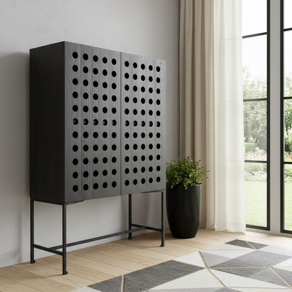 48" Dark Gray Solid Wood and Metal Holey Two Door Accent Chest. Cabinet isolated on a plain white background, in a charcoal wood finish.