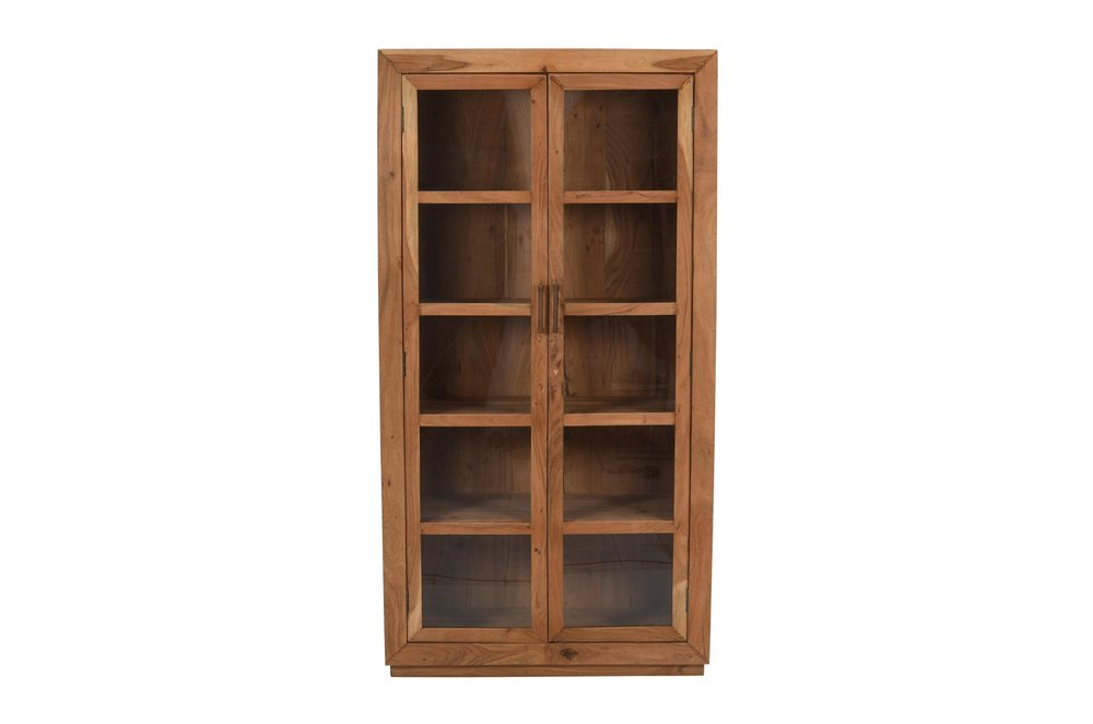 80" Brown Solid Wood Display Stand With Two Doors on a white background