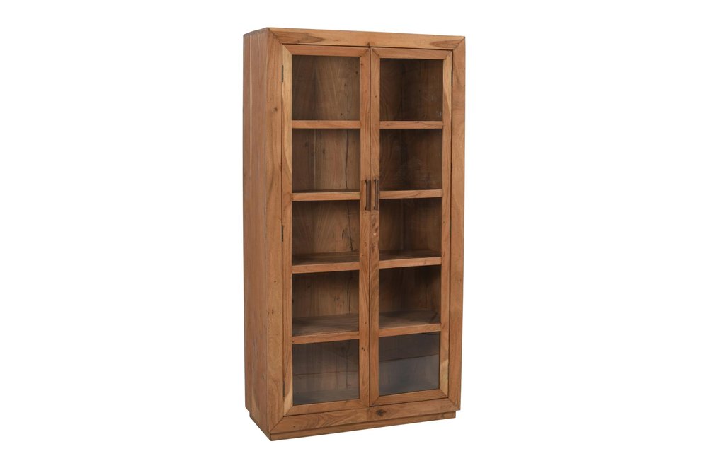 80" Brown Solid Wood Display Stand With Two Doors on a white background