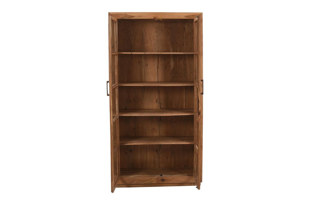 80" Brown Solid Wood Display Stand With Two Doors on a white background